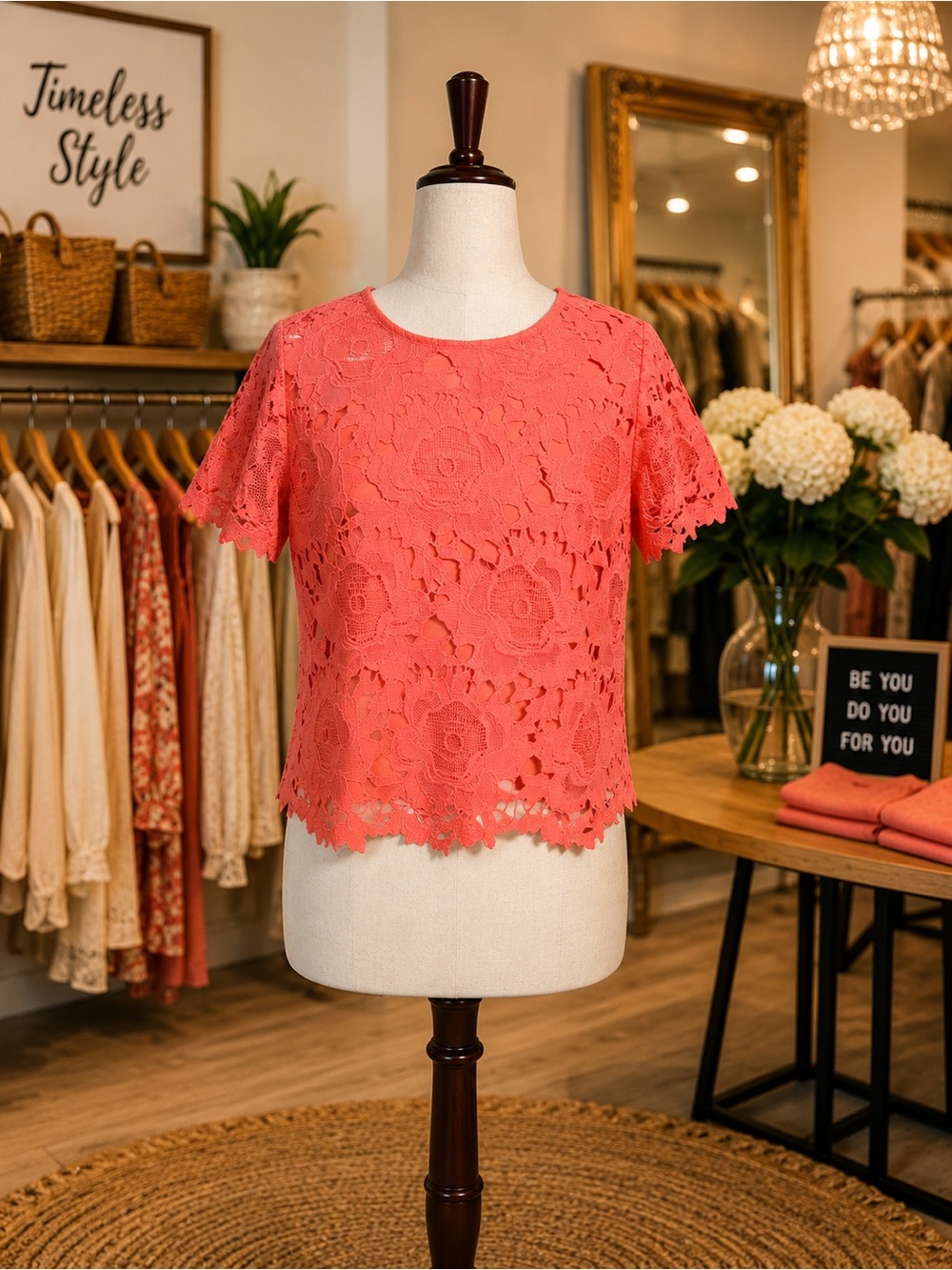 DOLAN Coral Floral Lace Top Size Small Short Sleeve Lined Scalloped Hem